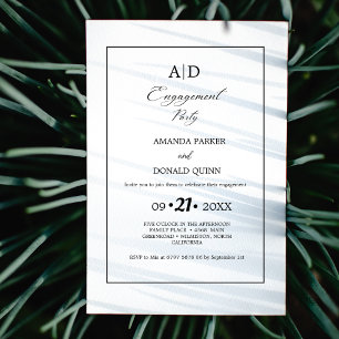 Convites Festa de noivado mínima de monograma preto e branc