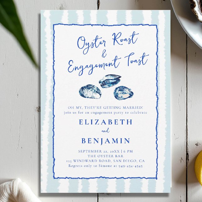 Convites Festa de noivado Moderna com Faixa Azul de Ostras (nautical engagement invitation oyster party coastal seaside yacht club boat beach blue hand drawn)