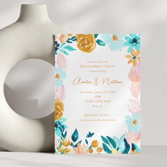 Convites Festa de Noivado Moderna Floral Boho Aquarela (Criador carregado)