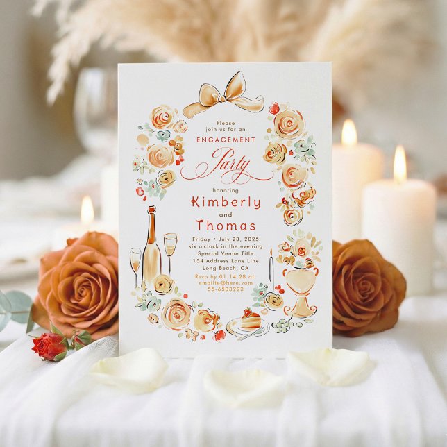 Convites Festa de Noivado Outonal Caprichosa com Flores Des (Terracotta Chic Hand-illustrated Fall Engagement Party Invitations)