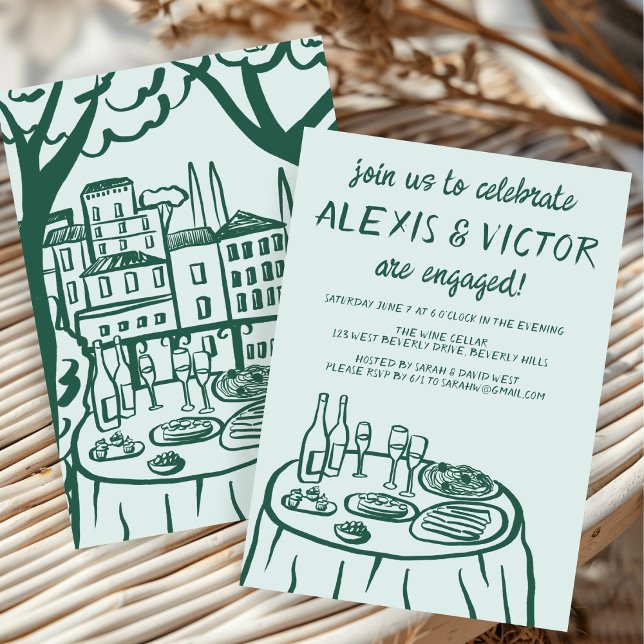 Convites Festa de noivado Personalizada de Janto de Balcões (Whimsical Balcony Dinner Custom Engagement Party Invitation Green Couples Shower Doodle Sketch Cute
)