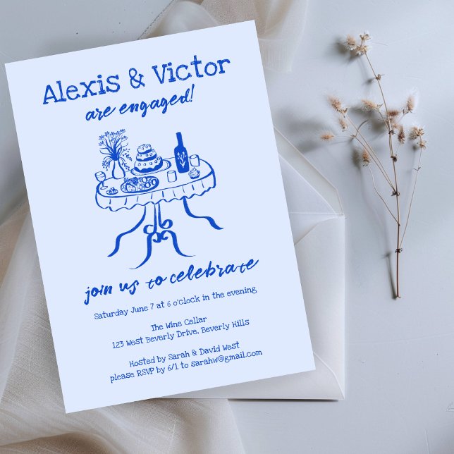 Convites Festa de noivado Personalizada de Janto de Buffet  (Whimsical Buffet DInner Custom Engagement Party Invitation Blue Sketch Doodle Cute
)