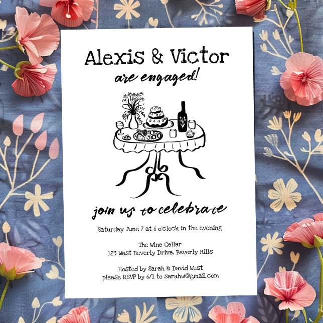 Convites Festa de noivado Personalizada de Janto de Buffet  (Whimsical Buffet Dinner Custom Engagement Party Invitation Sketch Doodle Wine)