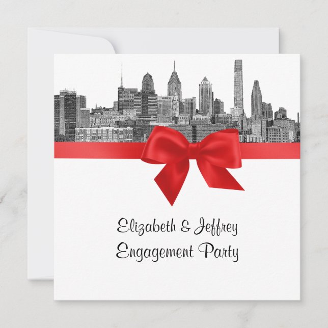Convites Festa de Noivado Philadelphia Skyline Etch BW Verm (Frente)