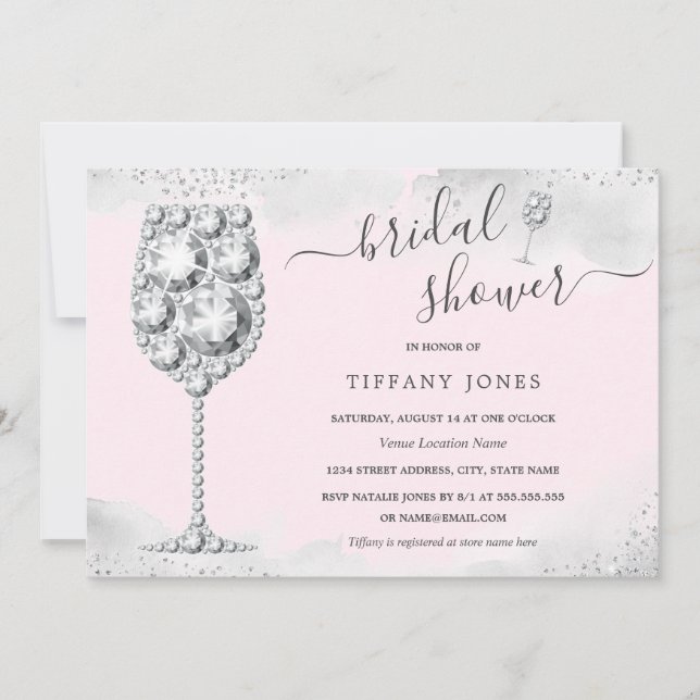 Convites Festa de Noivado Pink Silver Sparkle Diamond Bubbl (Frente)