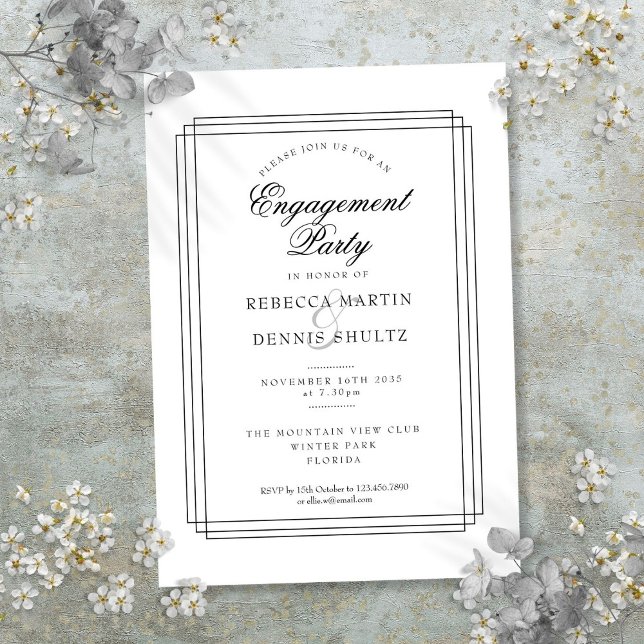 Convites Festa de Noivado Preto e Branco Art Déco (Art Deco Black and White Engagement Party Invitation)