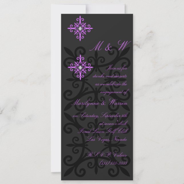 Convites Festa de noivado preto e roxo sofisticada (Frente)