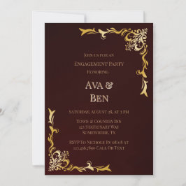 Convites Festa de noivado Real Burgundy Dourada Flourish
