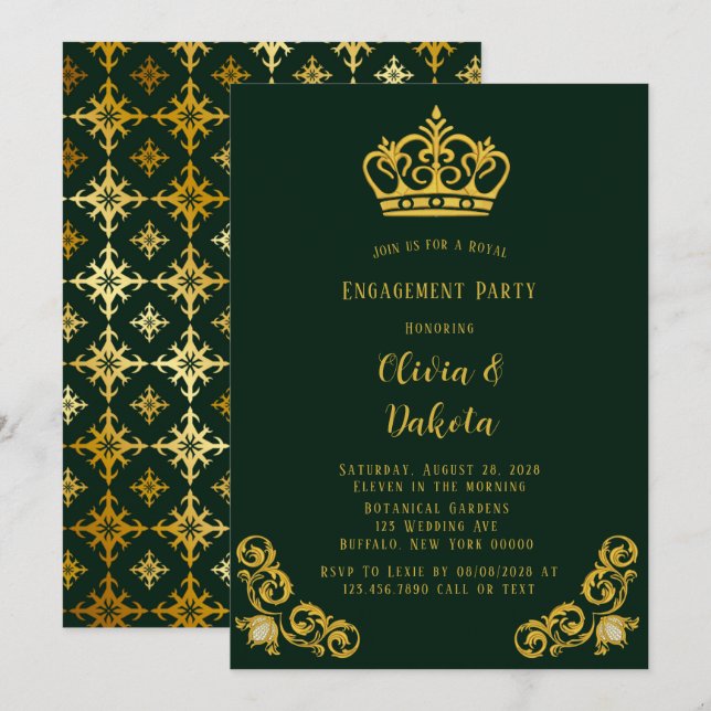 Convites Festa de noivado Real de Casamento Verde e Dourado (Frente/Verso)