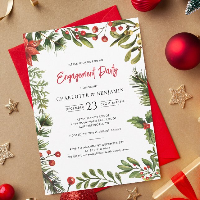 Convites Festa de noivado Red Berries Natal (Christmas Engagement Red Berries Greenery Party Invitation)