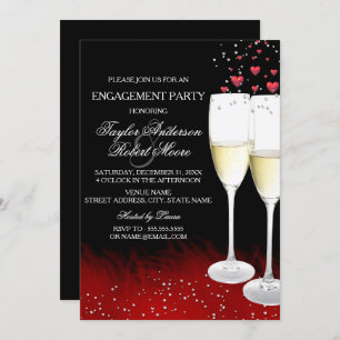 Convites Festa de noivado Red Black Champagne & Heart