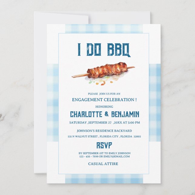 Convites Festa de Noivado Rustic Blue Gingham I Do BBQ  (Frente)