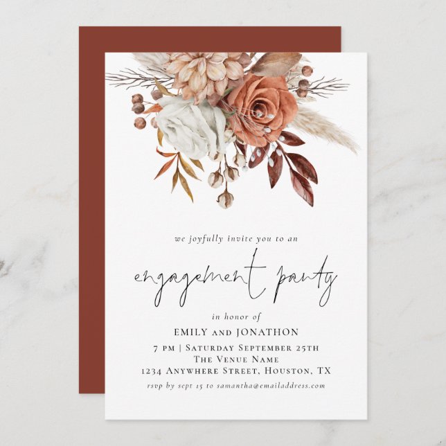 Convites Festa de noivado Rustic Terracotta Florals Script (Frente/Verso)