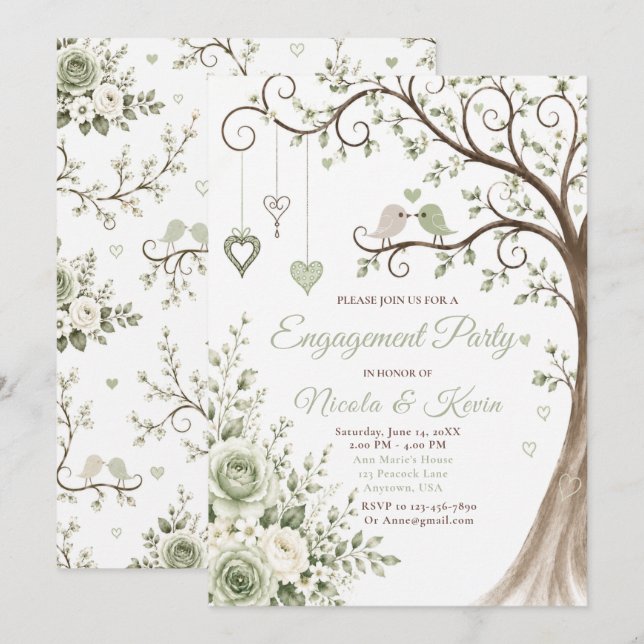 Convites Festa de Noivado Sage Green Blossom (Frente/Verso)