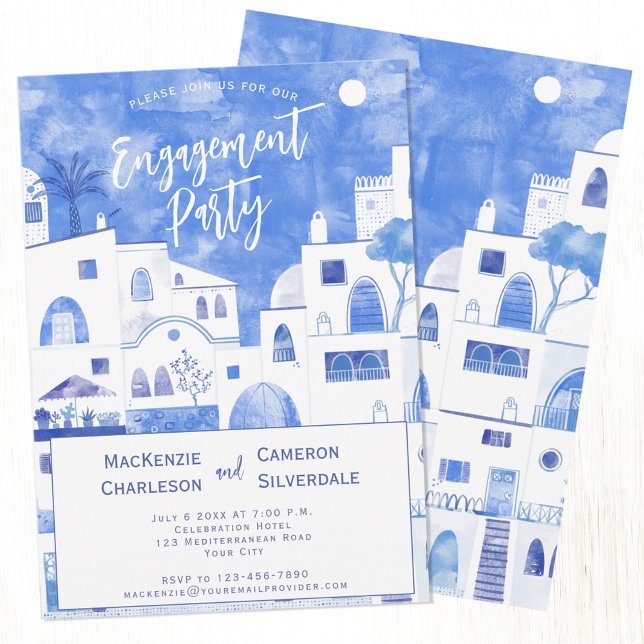 Convites Festa de noivado Santorini (Santorini Mediterranean themed blue and white Engagement party invitations with custom text)