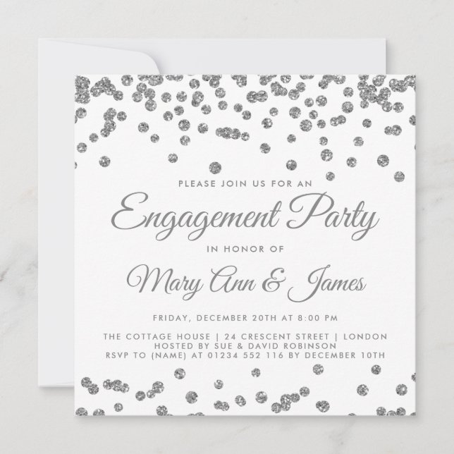 Convites festa de noivado Silver Glitter Confetti inverno+n (Frente)