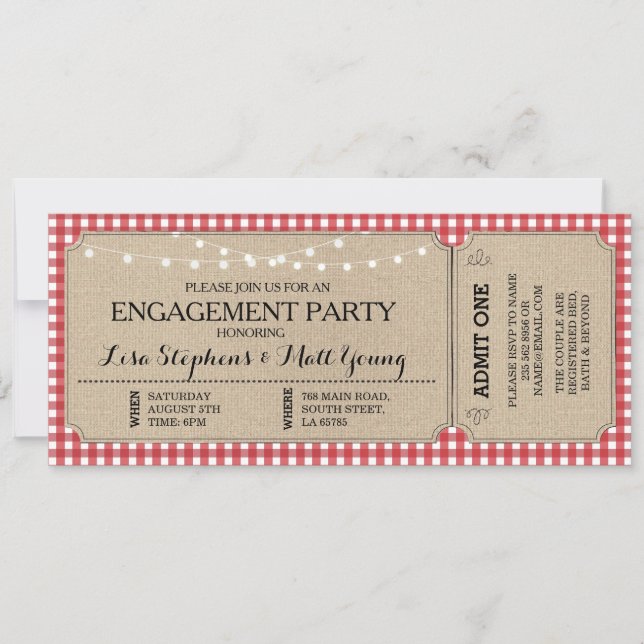 Convites Festa de noivado Ticket Red Check Rustic Invite (Frente)