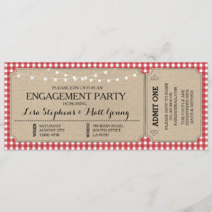 Convites Festa de noivado Ticket Red Check Rustic Invite
