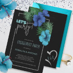 Convites Festa de noivado tropical azul-preto<br><div class="desc">Celebre seu noivado de estilo com este convite ousado,  neon,  tropical com sotaques de relva prateada,  hibisco azul e lacrimogêneo,  e verde tropical sobre fundo preto. Vamos,  vamos!</div>