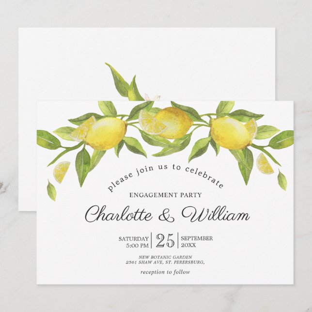 Convites Festa de noivado verde com limões (Frente/Verso)