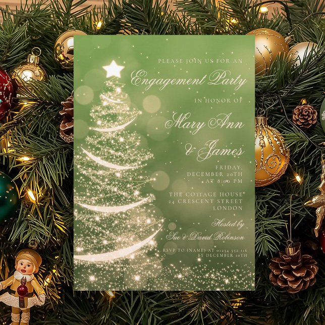 Convites Festa de noivado verde & Dourado elegante do Natal (Elegant Green & Gold Christmas Engagement Party Invitation)