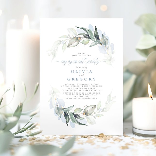 Convites Festa de noivado verde Elegante Azul Dusty (Dusty Blue Greenery Engagement Party Invitations )