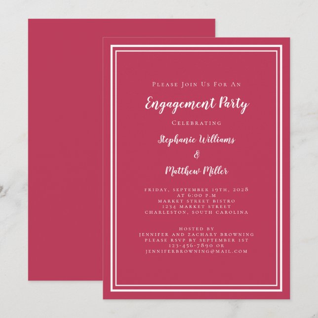 Convites Festa de noivado Vermelha Magenta Simples Minimali (Frente/Verso)