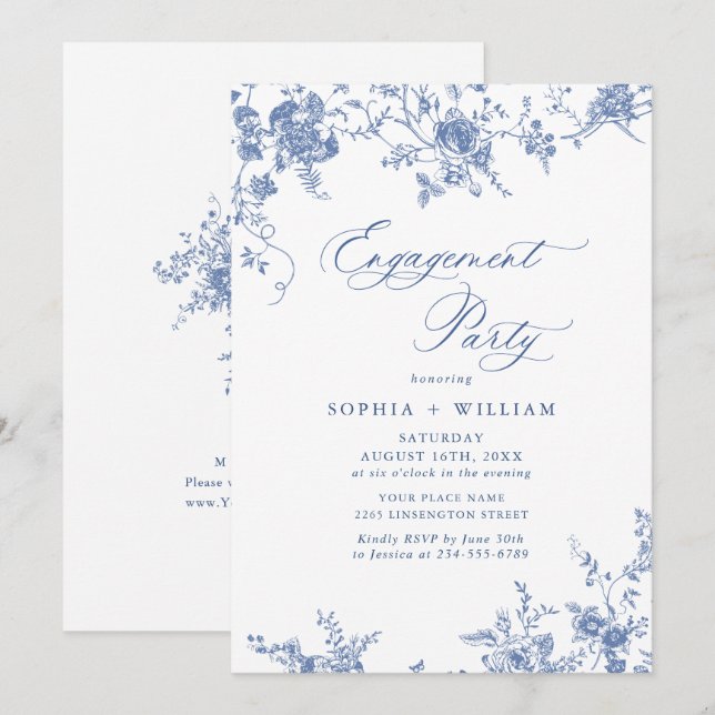 Convites Festa de noivado Victoriana Blue French Garden (Frente/Verso)