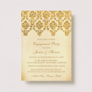 Convites Festa de noivado Vintage Glam Dourado Damask