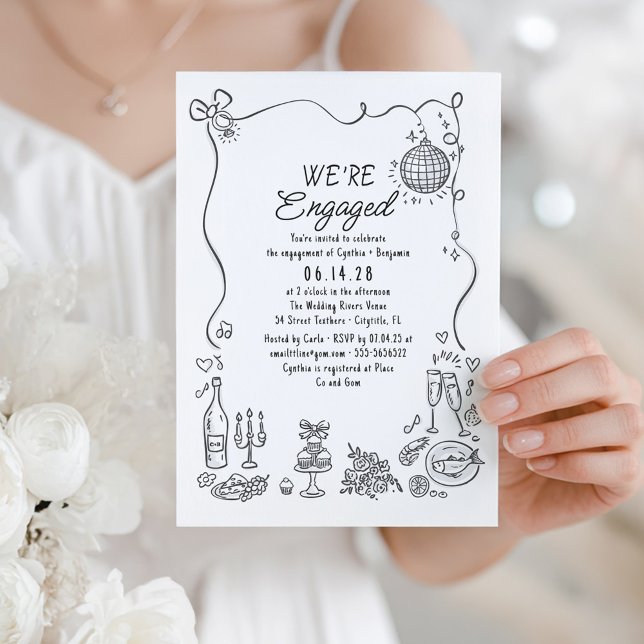 Convites Festa de noivado Whimsical Doodle Desenhada à Mão (Whimsical Hand Drawn Quirky Doodles Cute Engagement Party Invitation)