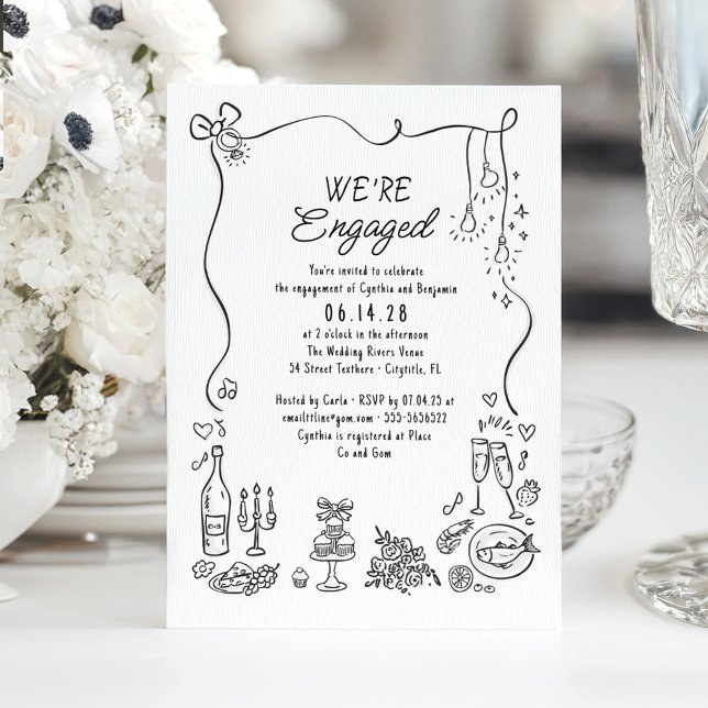 Convites Festa de noivado Whimsical Doodle Desenhada à Mão (Whimsical funky drawings engagement party invitation)