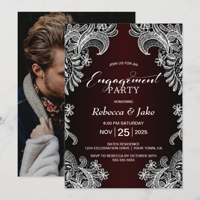 Convites Festa de noivado White Lace Burgundy (Frente/Verso)