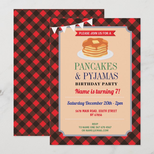 Convites Festa de Panquecas & Pijamas Natal Pijamas Vermelh (Frente/Verso)