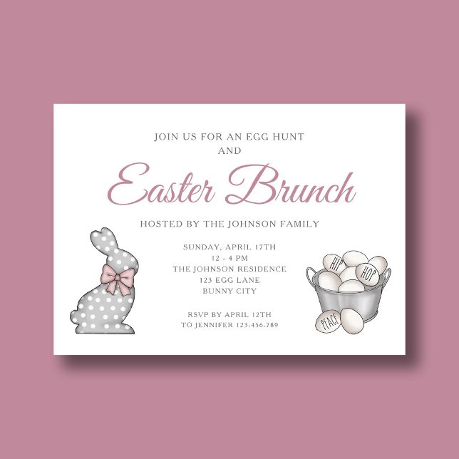 Convites Festa de Páscoa Café da Manhã Caça aos Ovos Bunny  (Cute Bunny Pink Easter Brunch Egg Hunt Invitation)