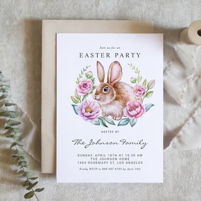 Convites Festa de Páscoa Coelhinho e Flores Rosa (Customizable Easter party invitation featuring a cute watercolor bunny with pink flowers.)