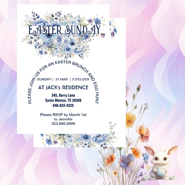 Convites Festa de Páscoa de Blogues Florais de Pastel Azul  (Chic Blue Pastel Floral Blooms Easter Sunday Party Invitation)