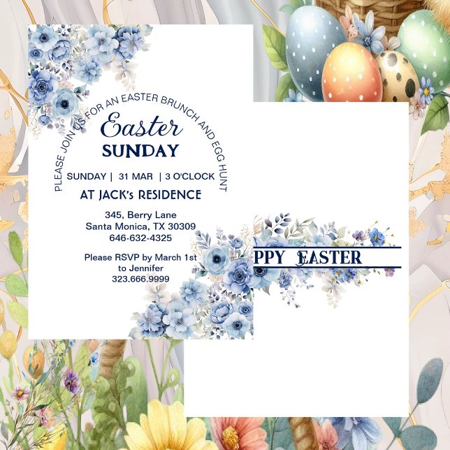Convites Festa de Páscoa de Flores Selvagens de Pastel Azul (Soft Blue Pastel Wild Flowers Easter Sunday Party Invitation)