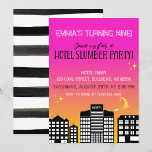 Convites Festa de pijama de menina no hotel rosa ombre