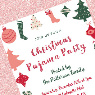 Convites Festa de Pijama de Natal Brilho ilustração fofa