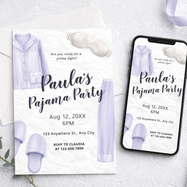 Convites Festa de pijamas de meninas roxo claro para dormir (Light Purple Girls Sleepover Pajama Party Invitation, Girls Birthday Theme)