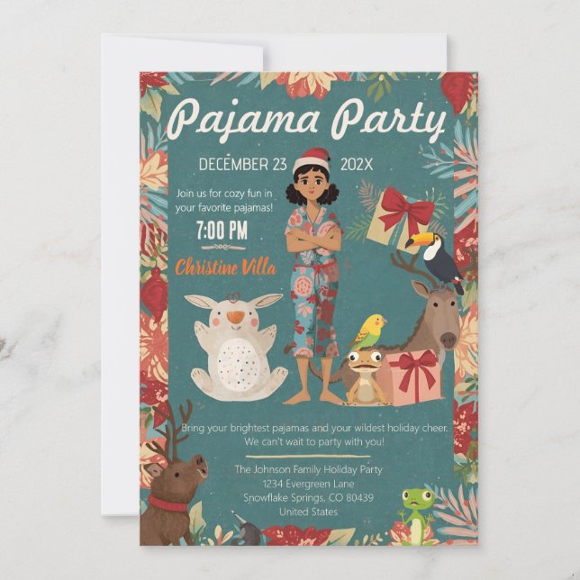 Convites Festa de Pijamas de Natal para Crianças com Animai (Frente)