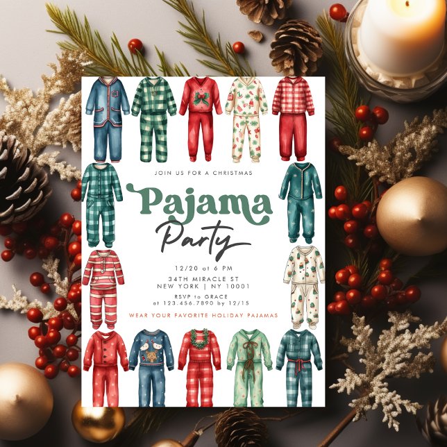 Convites Festa de Pijamas de Natal para Crianças Festa de N (Christmas Pajama Party Invitation)