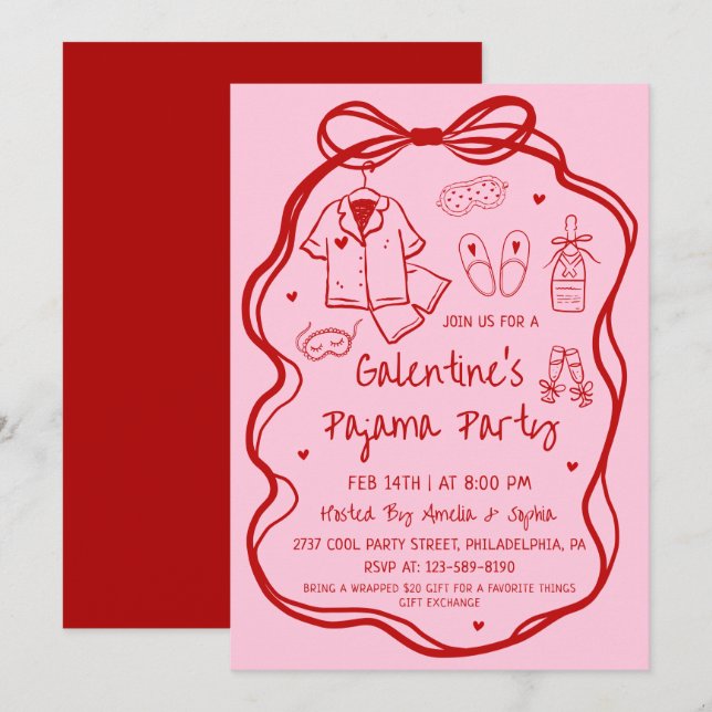 Convites Festa de Pijamas Galentine's Desenhada à Mão Capri (Frente/Verso)