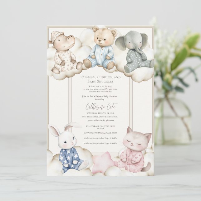 Convites Festa de Pijamas Tema de Animais Chá de Bebê  (Em pé/Frente)