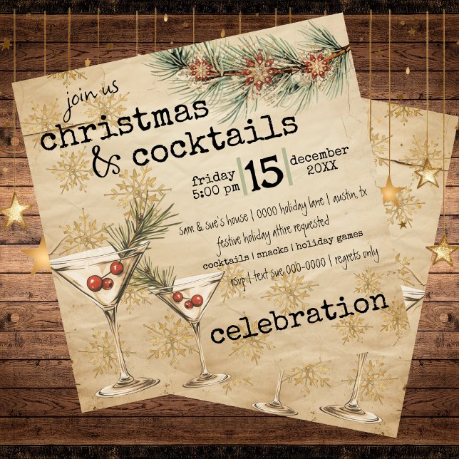 Convites Festa de Pinheiro Russo e Flocos de Neve, Feriado  (Christmas cocktails - rustic customizable party invitation with martinis and berries and pine)