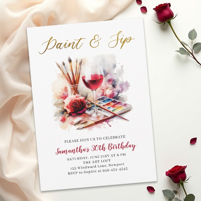 Convites Festa de Pintura de Arte com Vinho 'Pinte e Beba'  (paint and sip birthday party invitation for women watercolor wine glass red rose elegant chic)