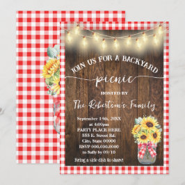 Convites Festa de Piquenique no Quintal com Xadrez Vermelho