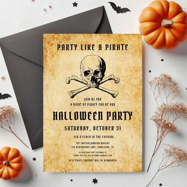 Convites Festa de Pirata Vintage Caveira e Ossos Halloween (Vintage Pirate Party Skull & Bones Halloween Invitation)