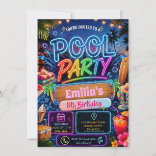 Convites Festa de Piscina Brilho no Escuro Neon Natação Ani