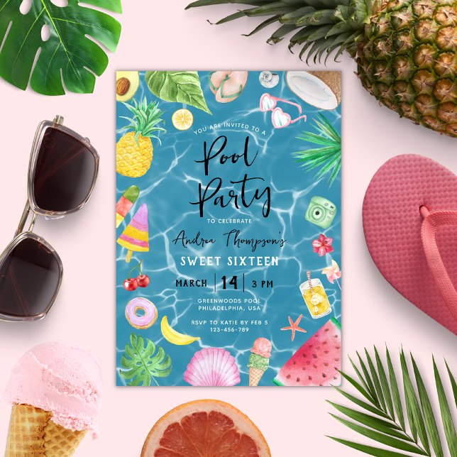 Convites Festa de Piscina Chic Summer Sweet 16 Aniversário (Criador carregado)